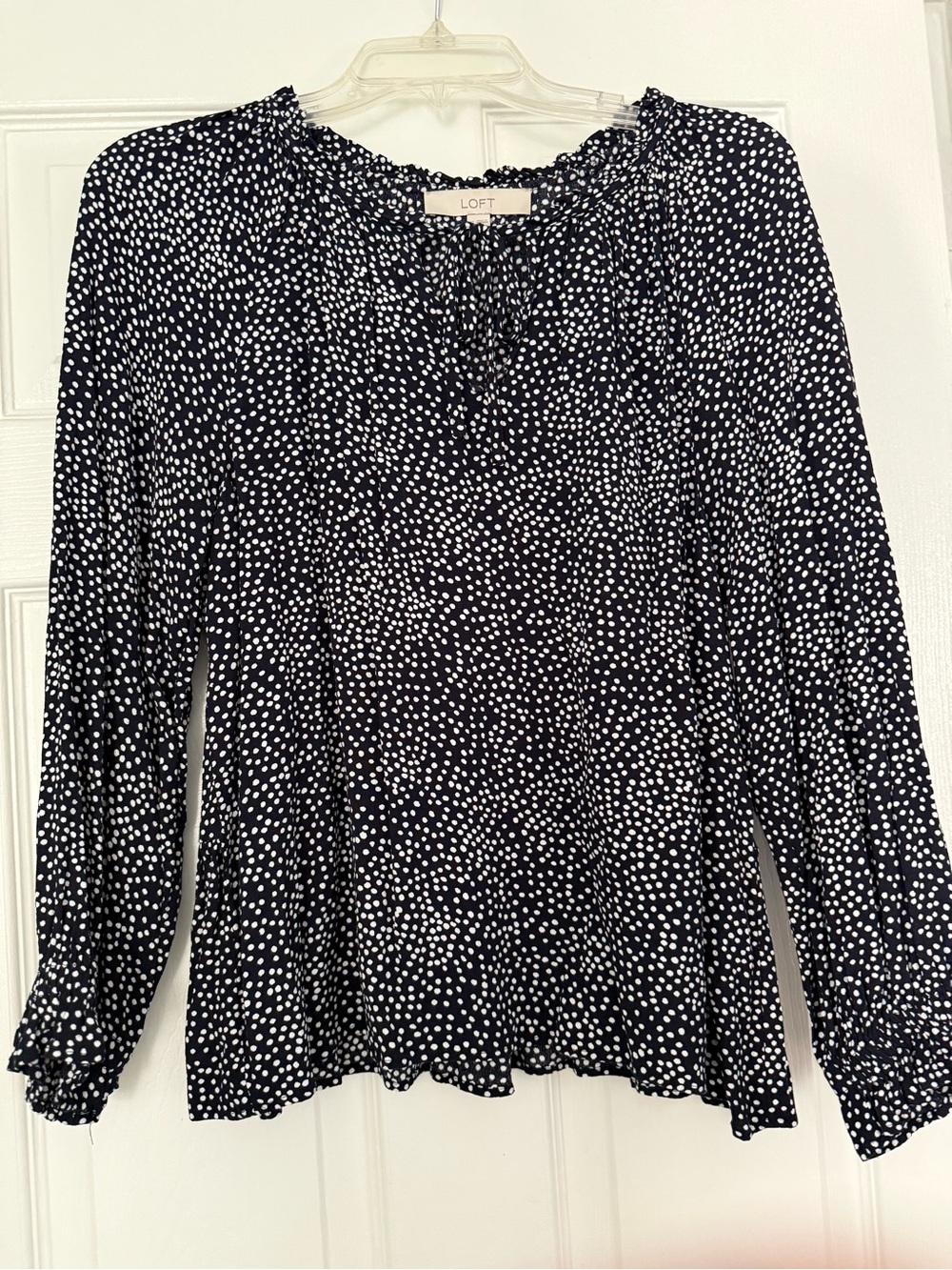 LOFT Navy and White Dot Ruffle-Neck Long Sleeve Blouse